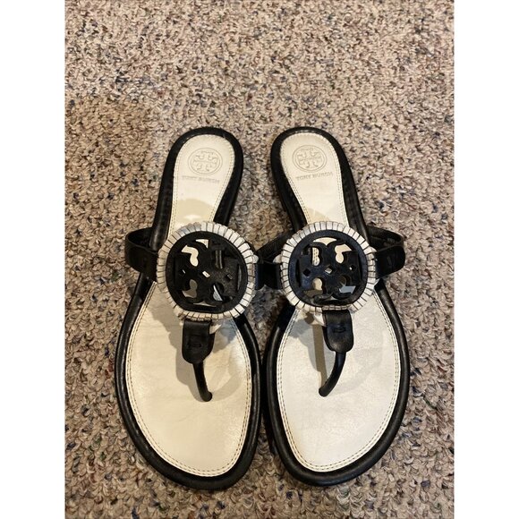 Tory Burch Miller Fringe Flip Flop Thong Sandal Black and White Size: 8M - Picture 1 of 7